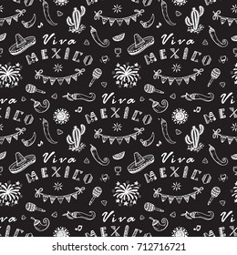 Viva Mexico Vector Seamless Pattern with Hand drawn doodle Sombrero, Cactus, Maracas, Sun, Pepper Chili, Nachos, Firework, Bunting Flags. Mexican holiday Black and White Background 