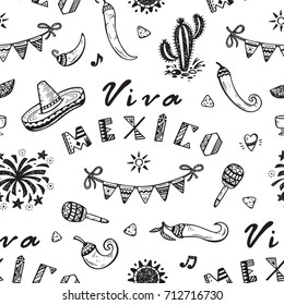 Viva Mexico Vector Seamless Pattern with Hand drawn doodle Sombrero, Cactus, Maracas, Sun, Pepper Chili, Nachos, Firework, Bunting Flags. Mexican holiday Black and White Background 