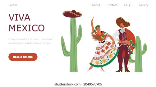 Plantilla de banner del sitio web Viva México con hombres y mujeres mexicanos bailando con disfraces folclóricos latinoamericanos, ilustración vectorial de caricatura plana. Página web de cultura mexicana.