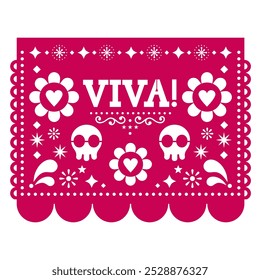 Viva! Papel Picado Vektor Grußkarte mit Schädeln und Blumen inspiriert von Party Girlande ausgeschnitten Dekorationen aus Mexiko. Nicht KI-generiert