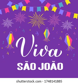 Viva Sao Joao calligraphy hand lettering with paper lanterns, flags and fireworks. Brazil June holiday Festa Junina. Vector template for typography poster, banner, invitation, flyer, etc.