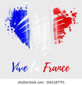 Vive la France celebration background. France National day. Grunge watercolor flag in heart shape. Template for poster, banner, flyer, invitation, etc.