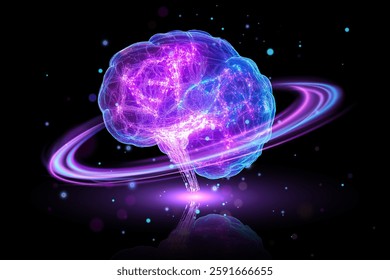 Vivid 3D rendering of a glowing brain with neural pathways intertwined with a cosmic ring in deep space. Ideal for technology, artificial intelligence, and scientific concepts