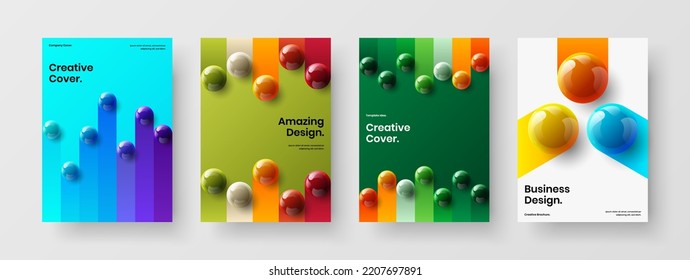 Vivid 3D spheres corporate cover template composition. Colorful handbill A4 vector design concept collection.