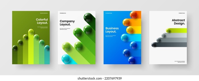 Conjunto de diseño de panfleto de esferas 3D vívidas. Colorida colección de plantillas de vectores de diseño A4 de identidad corporativa.