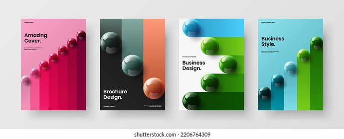 Vivid 3D spheres pamphlet template composition. Simple brochure A4 design vector illustration set.