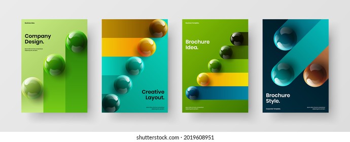 Vivid 3D spheres poster concept bundle. Colorful flyer A4 design vector layout set.