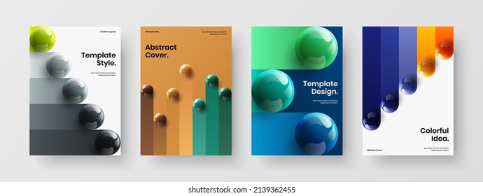 Vivid 3D spheres poster template collection. Premium pamphlet A4 vector design layout composition.