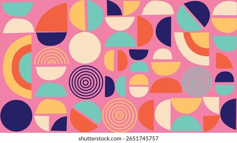 Vivid abstract artwork filled with bold circles and semicircles on a vibrant pink canvas. Eye-catching and playful visuals ideal for design, web, or decorative elements.