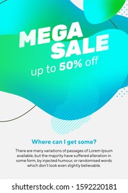 Vivid abstract bright figures. Mega Sale dynamical forms, flowing liquid shapes, wavy line. Gradient green and blue color. Template for flyer, poster or ad. Vector illustration
