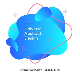 Vivid abstract bright figures. Universal dynamical forms, flowing liquid elements, wavy lines. Neon blue gradient colour with pink lines. Template for flyer, poster or ad. Vector illustration.