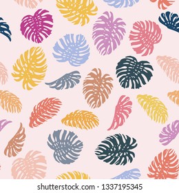 Vivid abstract color tropical leaves monstera seamless vector pattern on the pink background. Fresh contemporary composition