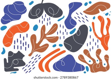 Vivid abstract composition featuring irregular organic shapes in blue, orange, brown, and gray against a white background, resembling coral, seaweed, and underwater rocks.