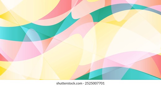 A vivid abstract design featuring flowing layers of yellow, red, green and pink translucent geometric shapes. The smooth curves create a modern, dynamic composition for backgrounds or design elements.