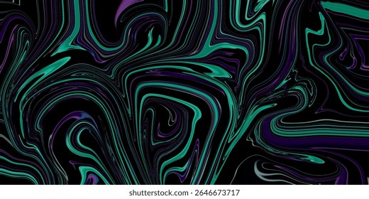 Vivid abstract digital pattern with electric green and violet swirls on a black background. This energetic neon design is ideal for sci-fi, fashion, or nightlife themes.