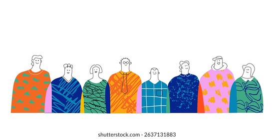 A vivid abstract diverse crowd of people standing shoulder to shoulder. The concept of a team, an individual in a society in a collage style with doodles.