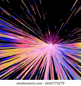 Ilustração abstrata vívida em um estilo moderno de vaporonda retrofuturista: formas nítidas dinâmicas estouram de um centro brilhante, misturando gradientes de rosa, amarelo, azul para toque energético.