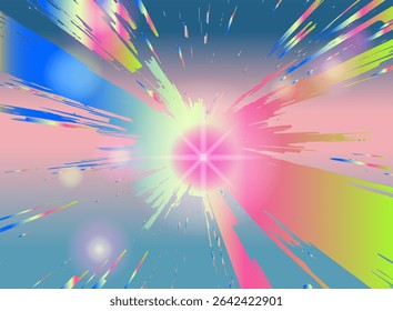 Ilustração abstrata vívida em um estilo moderno de vaporwave: formas nítidas dinâmicas estouram de um centro magenta brilhante, misturando gradientes de rosa, amarelo, azul para toque energético e moderno.