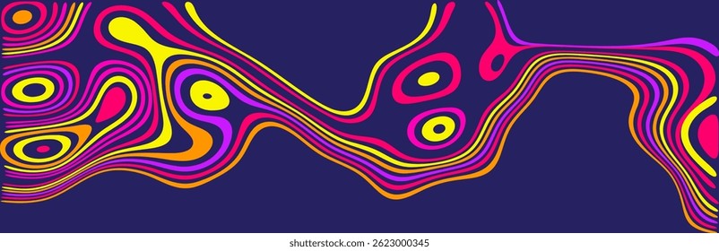 Vivid abstract representation of psychedelic designs utilizing bold, colorful shapes and lines arranged creatively against a dark background for artistic and expressive visuals.
