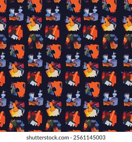 Vivid abstract seamless pattern featuring bold, colorful shapes on a navy background. Perfect for contemporary decor, statement designs, vibrant wallpapers, and artistic fashion prints