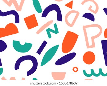 Vivid abstract seamless pattern with natural colorful shapes or blots on white background. Trendy motley vector illustration in flat style for wrapping paper, wallpaper, fabric print, backdrop.