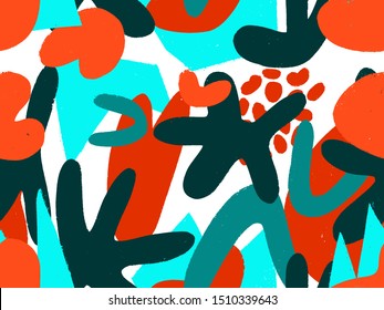 Vivid abstract seamless pattern with natural colorful shapes or blots on white background. Trendy motley vector illustration in flat style for wrapping paper, wallpaper, fabric print, backdrop.