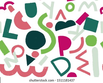Vivid abstract seamless pattern with natural colorful shapes or blots on white background. Trendy motley vector illustration in flat style for wrapping paper, wallpaper, fabric print, backdrop.