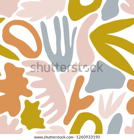 Vivid abstract seamless pattern with natural colorful shapes or blots on white background. Trendy motley vector illustration in flat style for wrapping paper, wallpaper, fabric print, backdrop.