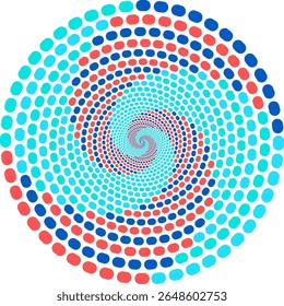 Vivid Abstract Spiral Made of Gradient Dots on White Background. Colorful Spiral Optical Illusion Pattern in Red Blue and Cyan. Optical Artwork Circular Dot Pattern with Vibrant Colors
