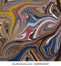 Vivid abstract swirl pattern showcasing rich earth tones, vibrant reds, mustard yellow, and deep blue accents.