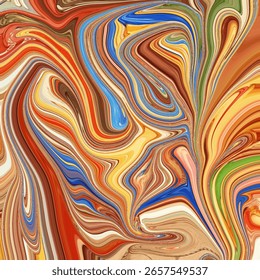 Vivid abstract swirl pattern in warm earthy tones with splashes of blue and green, perfect for modern art decor, background design, or digital art textures.