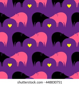 Vivid animal seamless pattern with bright funny pigs in vector. Vector piggy background design. Colorful abstract background with ornamental pattern. Funky style