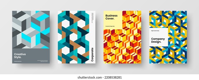 Vivid annual report design vector layout set. Simple geometric hexagons company identity concept collection.