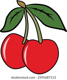 Vivid artistic representation of two red cherries hanging with green leaves, set against a clean white background. Ideal for designs focusing on nature, fruits, healthy eating, or organic themes.