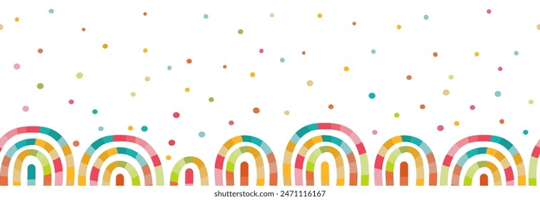 A vivid and artistic vector seamless border frame set against a white background. Colorful polka dots intermingle with whimsical warped figures, creating a playful and cheerful mood.