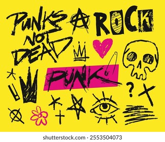 Vivid artwork features punk rock themes with graffiti-style text symbols and icons. The bright yellow backdrop enhances the edgy and rebellious illustrations.