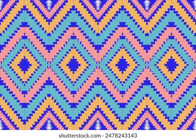 Vivid Aztec-Inspired Geometric Pattern:
This colorful design  bold blues, pinks, and oranges in dynamic geometric shapes, perfect for modern apparel, home decor, abstract, textile, wallpaper, ethnic