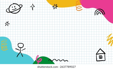 A vivid background with children's hand-drawn figures and doodles. A template for kindergarten and elementary school. Kid's chalk, crayon scribbles.