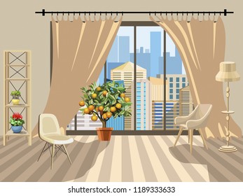 A vivid background with an interior. Room with modern  furniture. Floor with wooden flooring. Isolated interior items and flowers in pots. Large windows overlooking the city. Vector illustration.