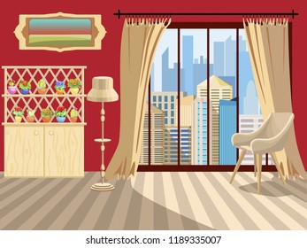 A vivid background with an interior. Room with modern  furniture. Floor with wooden flooring. Isolated interior items and flowers in pots. Large windows overlooking the city. Vector illustration.