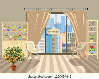 A vivid background with an interior. Room with modern  furniture. Floor with wooden flooring. Isolated interior items and flowers in pots. Large windows overlooking the city. Vector illustration.