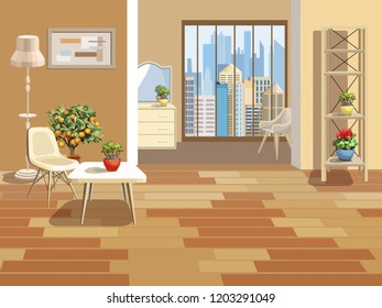 A vivid background with an interior. Room with modern  furniture. Floor with wooden flooring. Isolated interior items and flowers in pots. Large windows overlooking the city. Vector illustration.