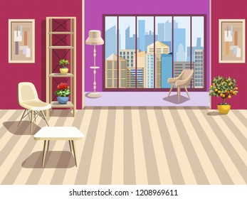 A vivid background with an interior. Room with modern  furniture. Floor with wooden flooring. Isolated interior items and flowers in pots. Large windows overlooking the city. Vector illustration.