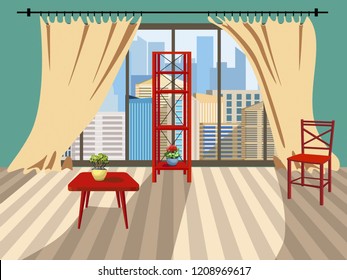 A vivid background with an interior. Room with modern  furniture. Floor with wooden flooring. Isolated interior items and flowers in pots. Large windows overlooking the city. Vector illustration.