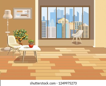 A vivid background with an interior. Room with modern  furniture. Floor with wooden flooring. Isolated interior items and flowers in pots. Large windows overlooking the city. Vector illustration.