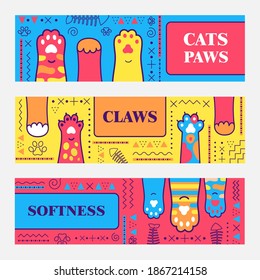 Lebhafte Bannerdesigns mit Katzen Pfoten. Cute kitty pas und geometrisches Muster auf hellem Hintergrund. Konzept für Haustiere und Haustiere. Muster für Poster, Werbung oder Webdesign