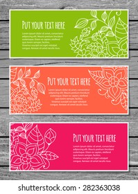 Vivid banners with spring or summer flowers and leaves for website or identity. Floral horizontal banners with copy space for your text. 
