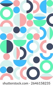 A vivid Bauhaus-inspired layout of circles, semicircles, and other abstract forms in soft tones