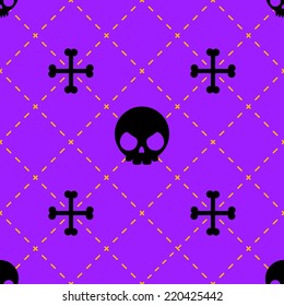 Vivid black, purple and orange pattern with cute cartoon skulls, crossed bones and diamonds for Halloween
