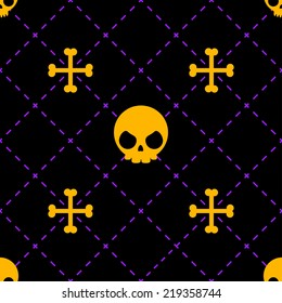 Vivid black, purple and orange seamless pattern with cute cartoon skulls, crossed bones and diamonds for Halloween